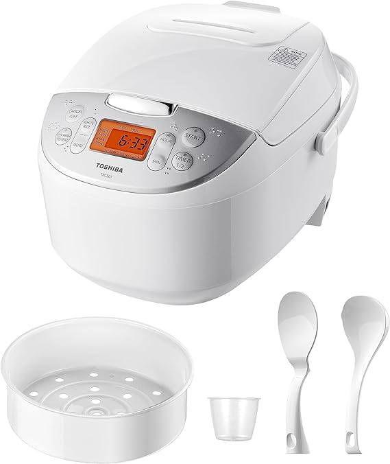 Toshiba Rice Cooker 6 Cup Uncooked – Japanese Rice Cooker with Fuzzy Logic Technology, 7 Cooking Functions, Digital Display, 2 Delay Timers and Auto Keep Warm, Non-Stick Inner Pot, White